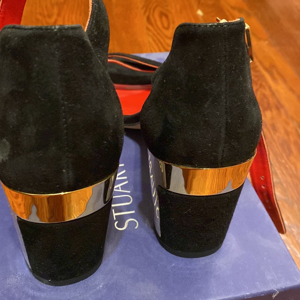 Stuart Weitzman Black Suede Crisscross Block Heel Sandals with Red Insole - Picture 3 of 5